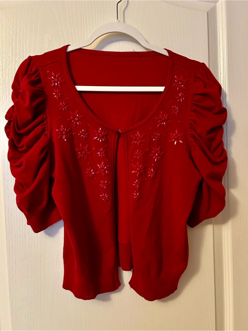 Women's Red Embellished Puff-Sleeve Sweater